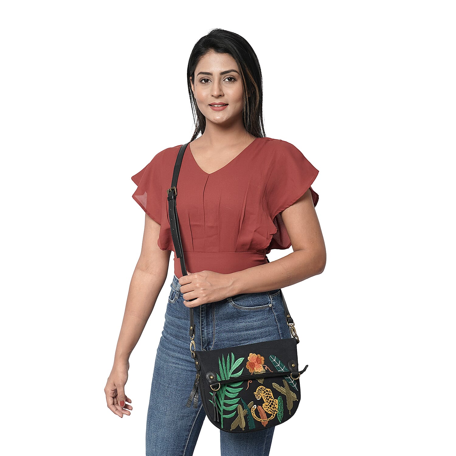 Leather and Canvas Leopard Embroidered Crossbody Bag (Size 27x1.25x11.5cm) with Adjustable Shoulder Strap - Black