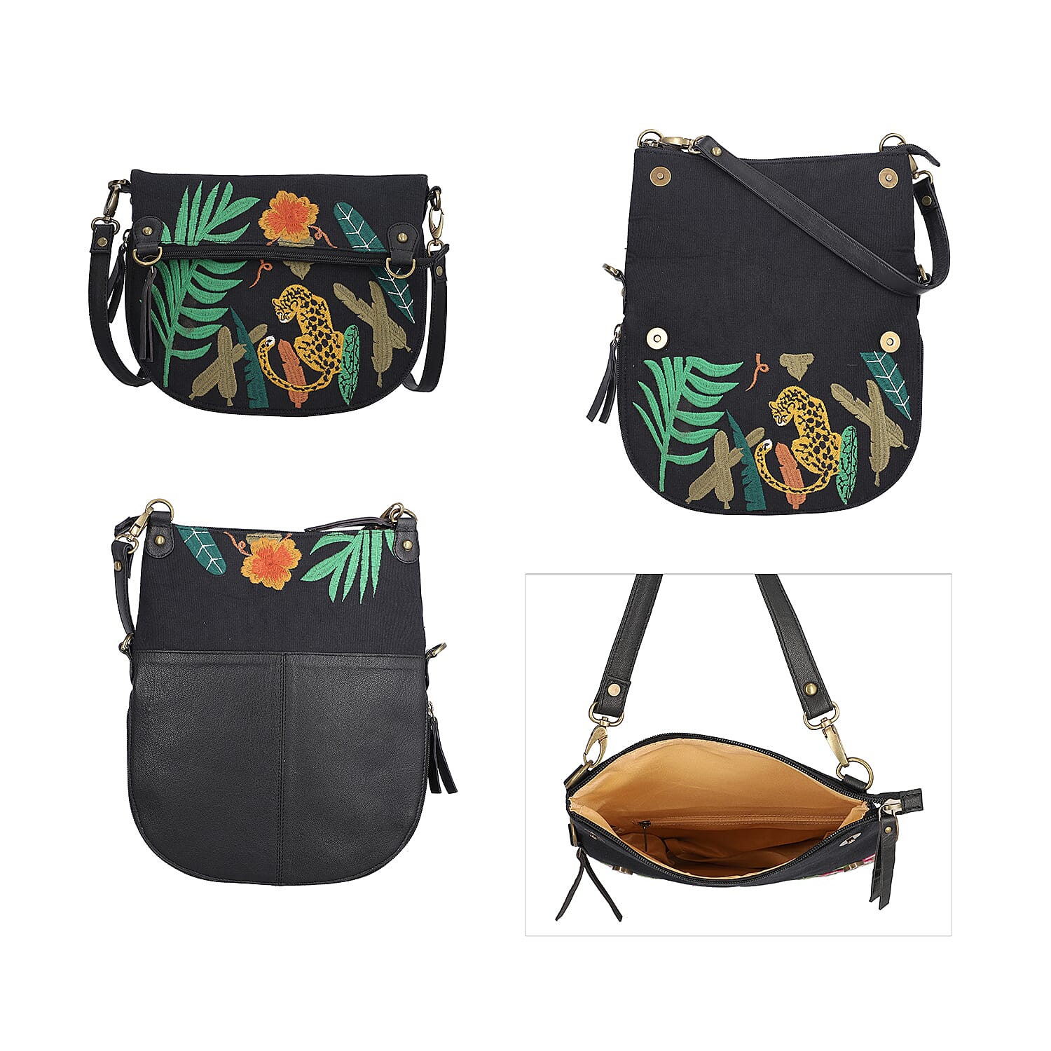 Leather and Canvas Leopard Embroidered Crossbody Bag (Size 27x1.25x11.5cm) with Adjustable Shoulder Strap - Black