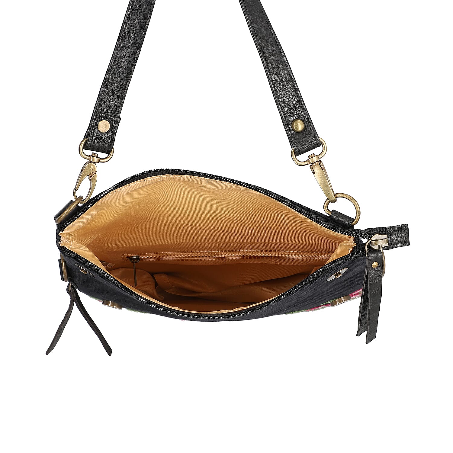 Leather and Canvas Leopard Embroidered Crossbody Bag (Size 27x1.25x11.5cm) with Adjustable Shoulder Strap - Black