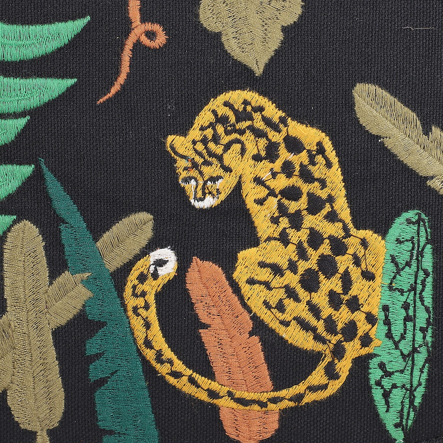 Leather and Canvas Leopard Embroidered Crossbody Bag (Size 27x1.25x11.5cm) with Adjustable Shoulder Strap - Black