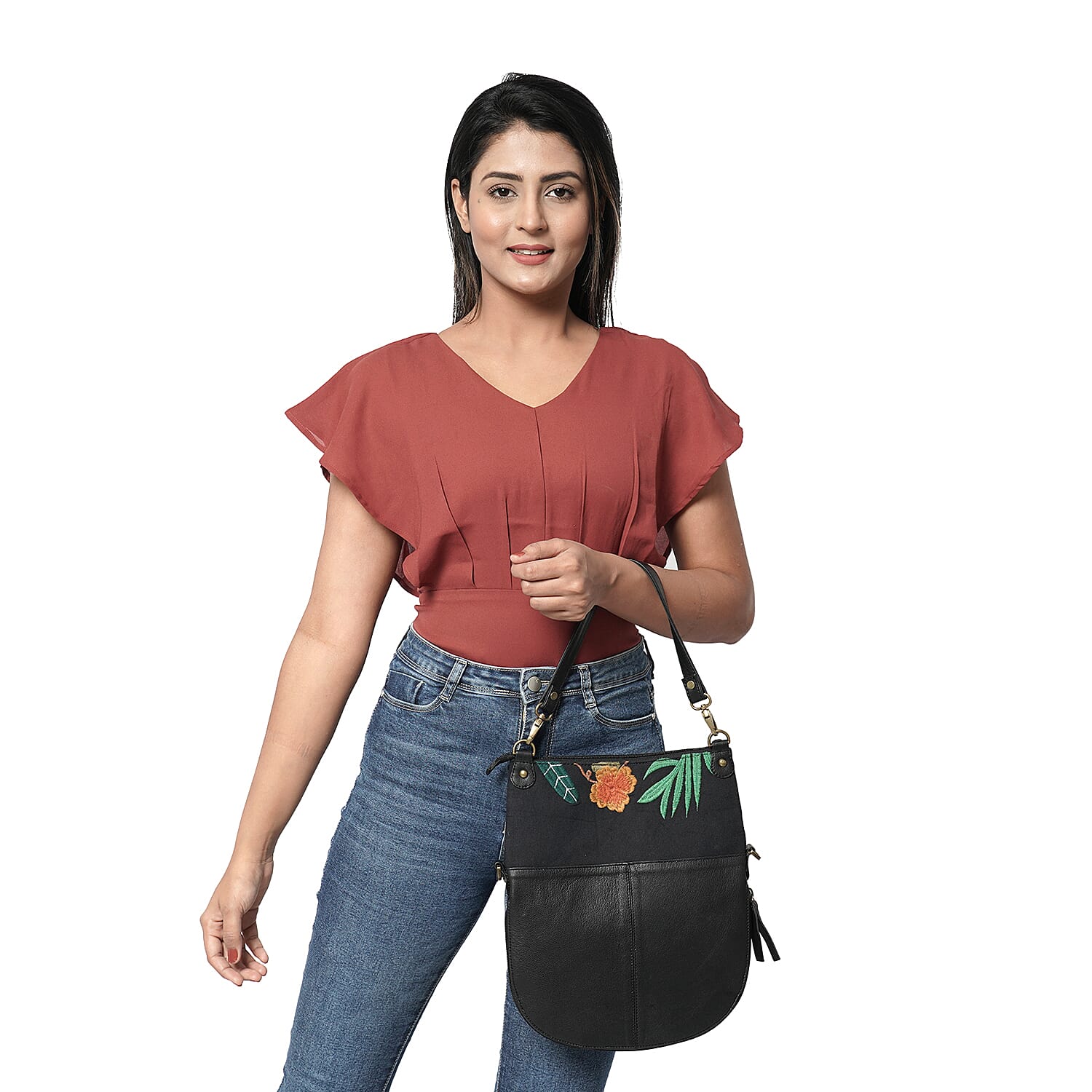 Leather and Canvas Leopard Embroidered Crossbody Bag (Size 27x1.25x11.5cm) with Adjustable Shoulder Strap - Black