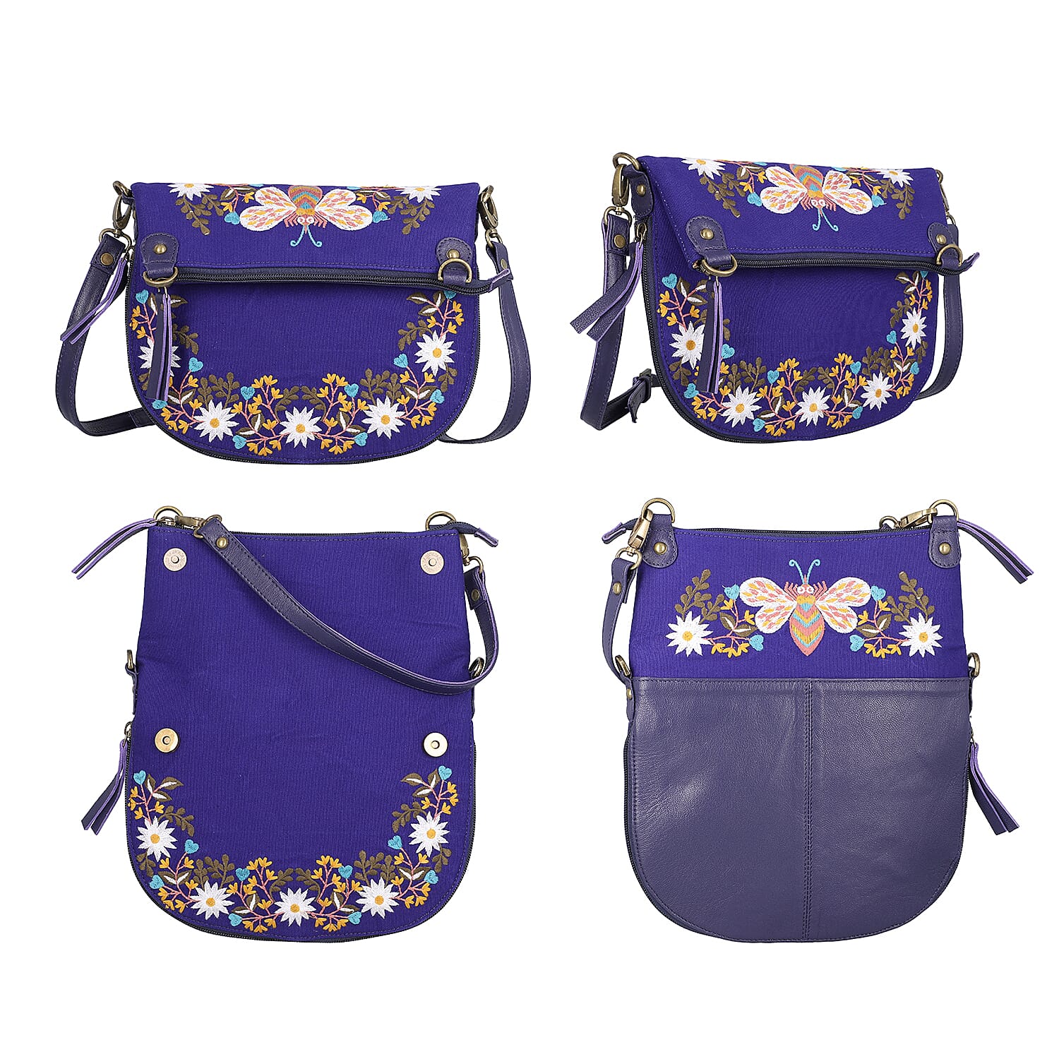 Leather and Canvas Floral Embroidered Crossbody Bag (Size 27x1.25x11.5cm) with Adjustable Shoulder Strap - Navy