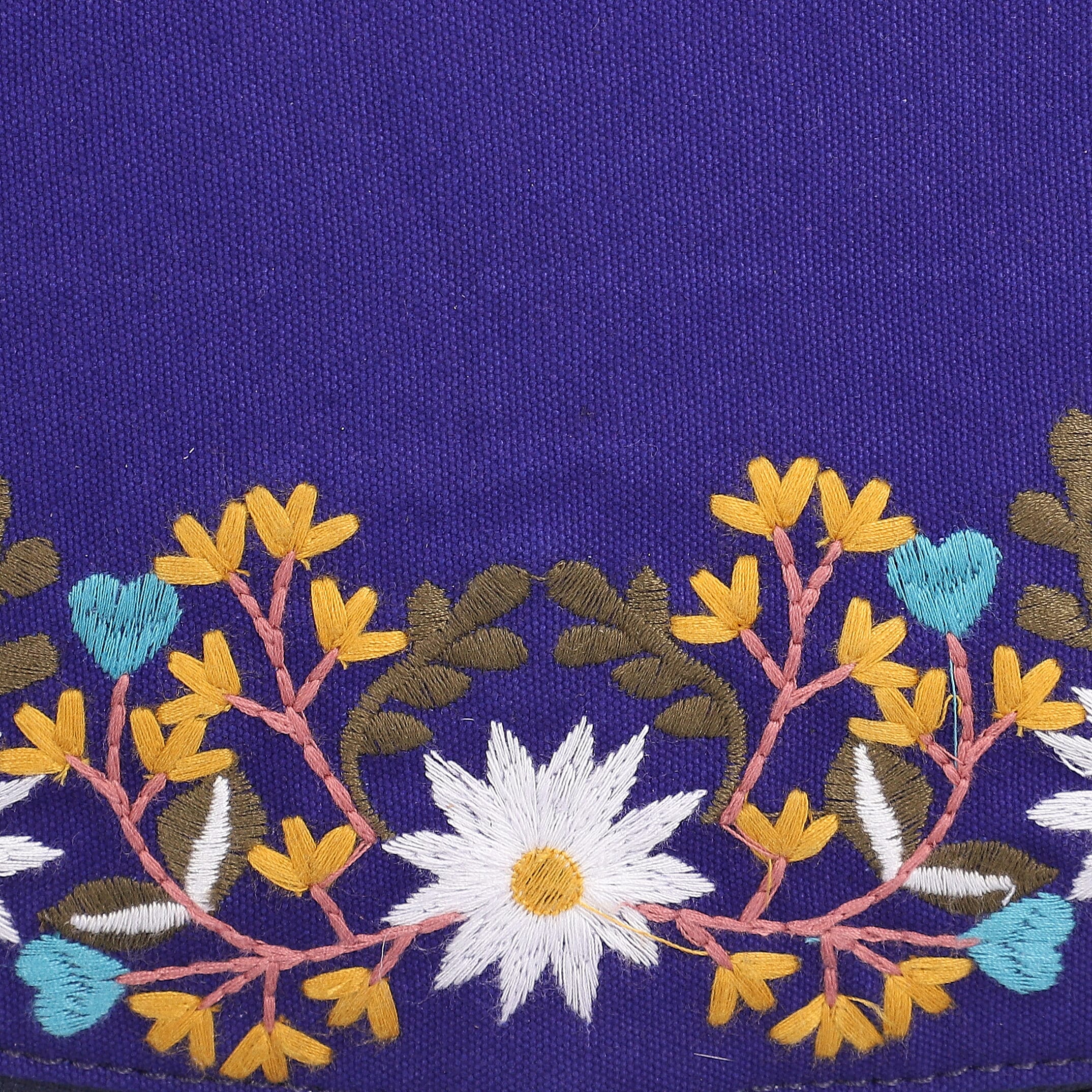 Leather and Canvas Floral Embroidered Crossbody Bag (Size 27x1.25x11.5cm) with Adjustable Shoulder Strap - Navy