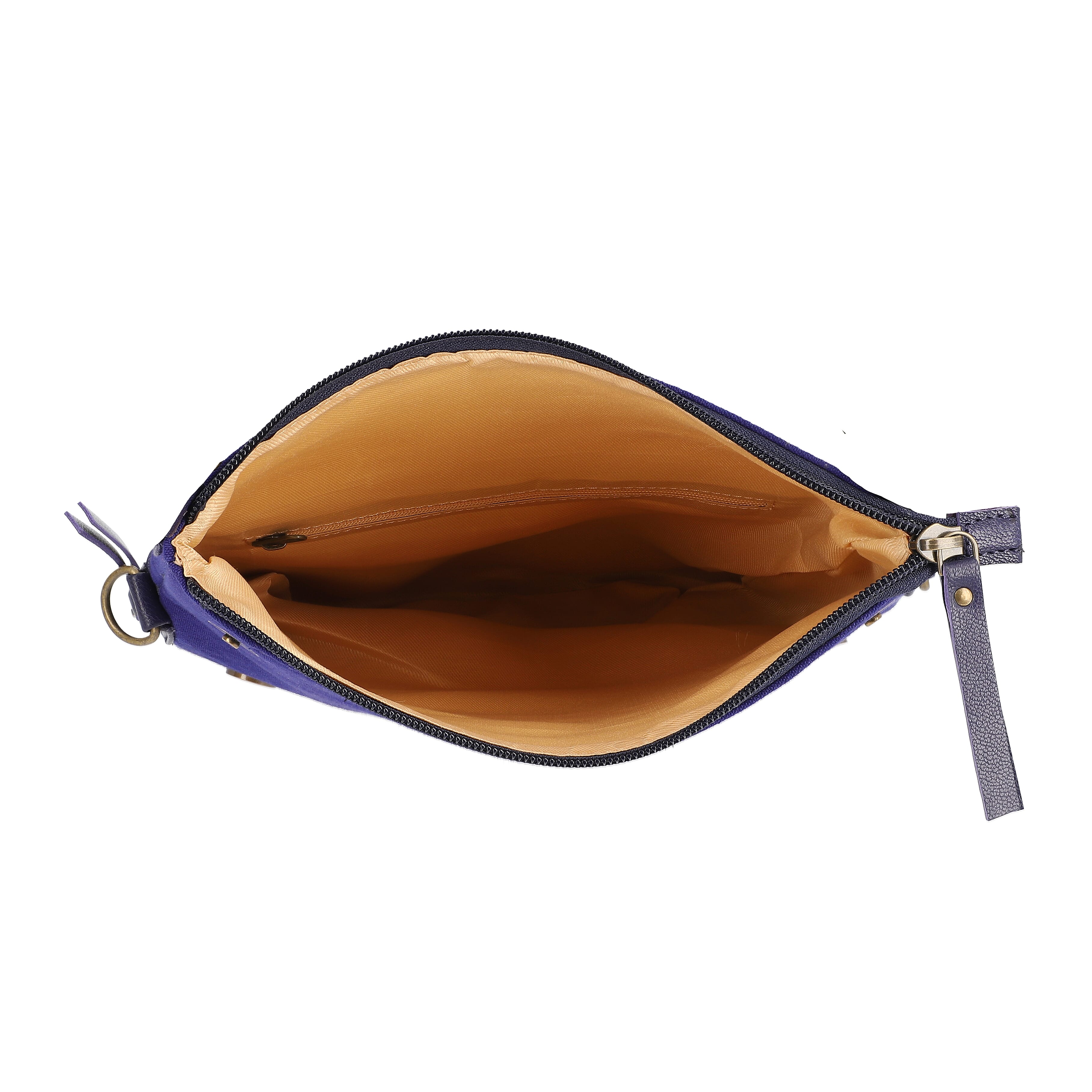 Leather and Canvas Floral Embroidered Crossbody Bag (Size 27x1.25x11.5cm) with Adjustable Shoulder Strap - Navy