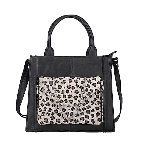 100% Genuine Leather 3-in-1 Leopard Pattern Handbag with Detachable Clutch (21x16cm) with Adjustable Shoulder Strap - Black