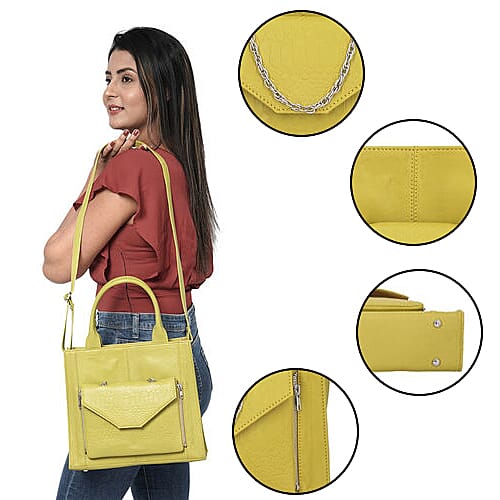 100% Genuine Leather 3-in-1 Croc Embossed Handbag (30x26x8cm) with Detachable Clutch (21x16cm) with Adjustable Shoulder Strap - Mustard
