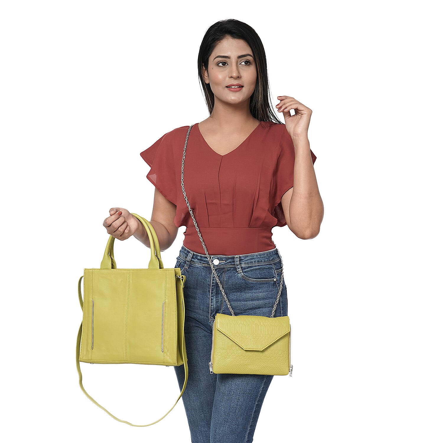 100% Genuine Leather 3-in-1 Croc Embossed Handbag (30x26x8cm) with Detachable Clutch (21x16cm) with Adjustable Shoulder Strap - Mustard