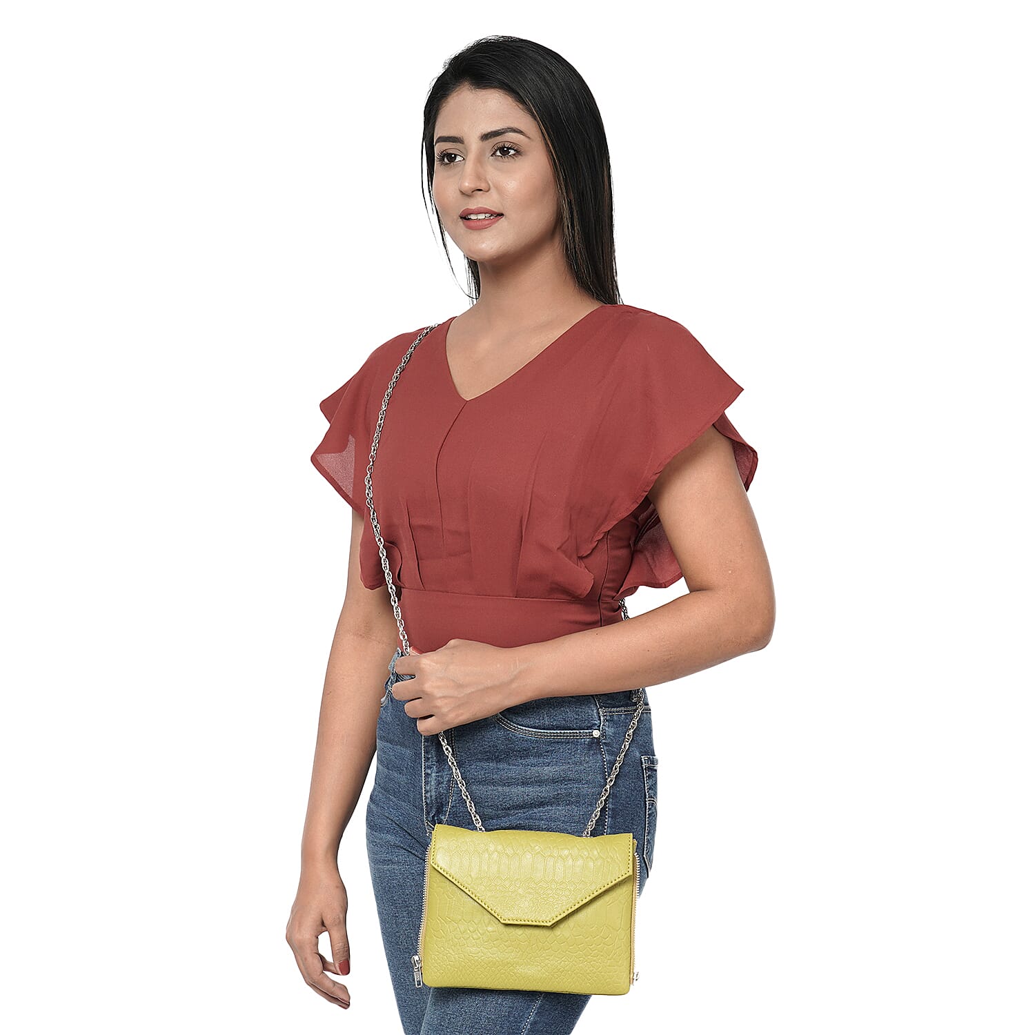 100% Genuine Leather 3-in-1 Croc Embossed Handbag (30x26x8cm) with Detachable Clutch (21x16cm) with Adjustable Shoulder Strap - Mustard