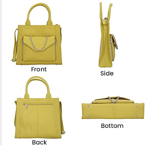 100% Genuine Leather 3-in-1 Croc Embossed Handbag (30x26x8cm) with Detachable Clutch (21x16cm) with Adjustable Shoulder Strap - Mustard