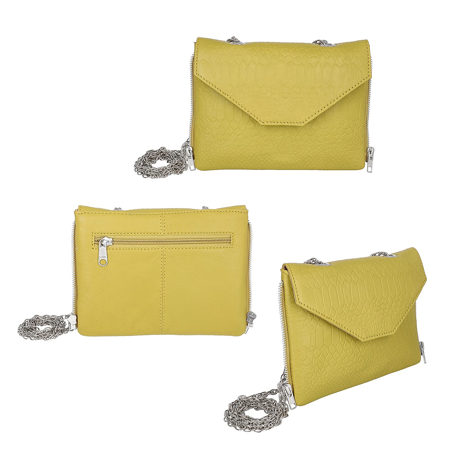 100% Genuine Leather 3-in-1 Croc Embossed Handbag (30x26x8cm) with Detachable Clutch (21x16cm) with Adjustable Shoulder Strap - Mustard