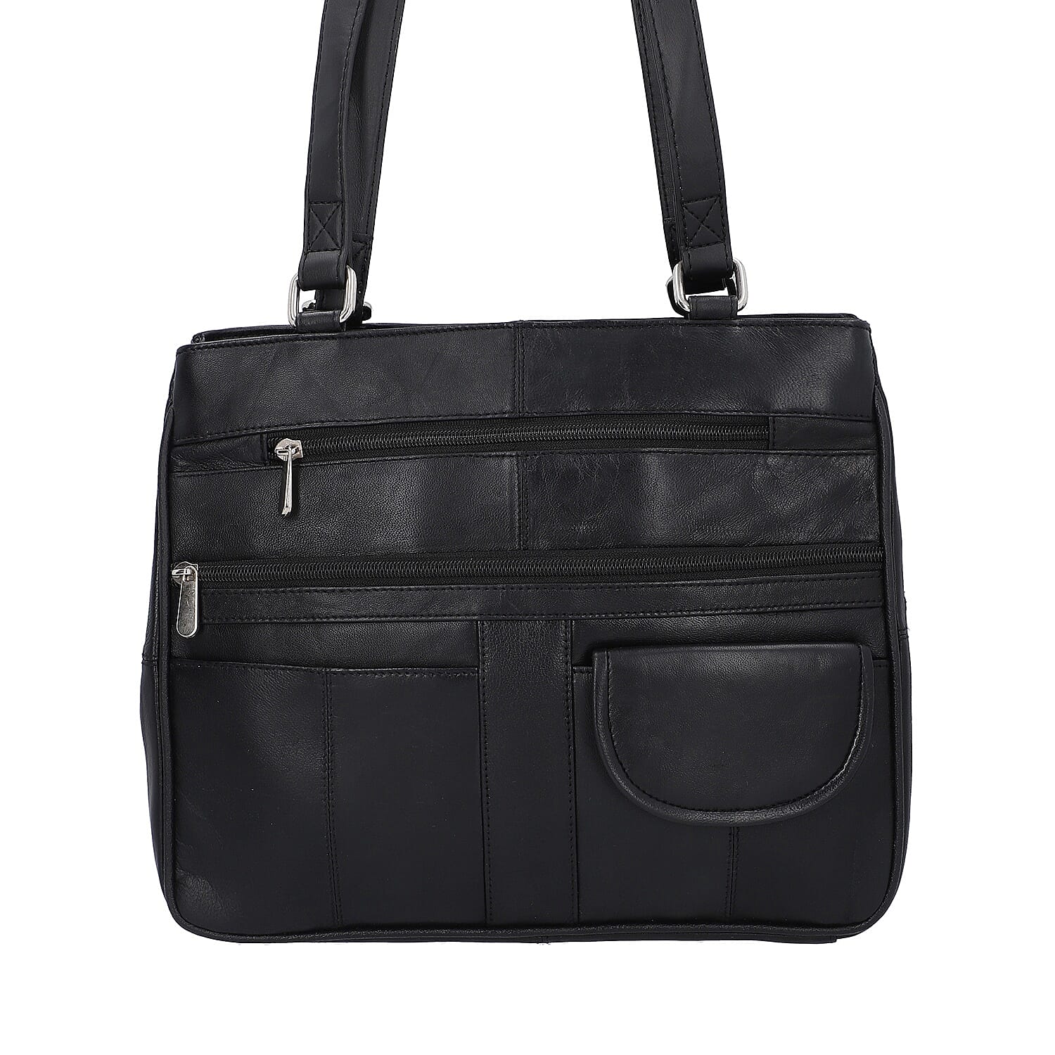 New Age - 100% Genuine Leather Shoulder Bag with Multiple Zipped Pockets (Size 32x25x10cm) - Black