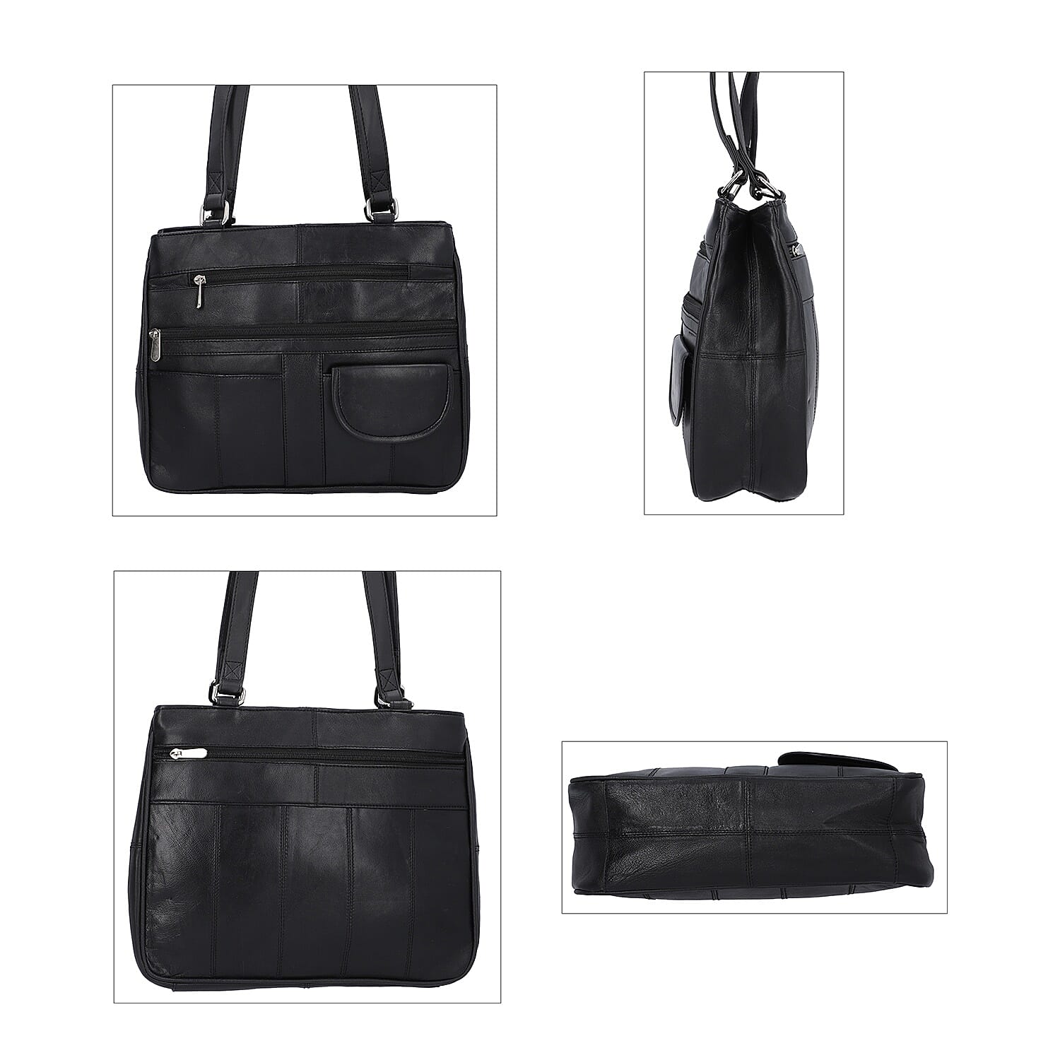 New Age - 100% Genuine Leather Shoulder Bag with Multiple Zipped Pockets (Size 32x25x10cm) - Black