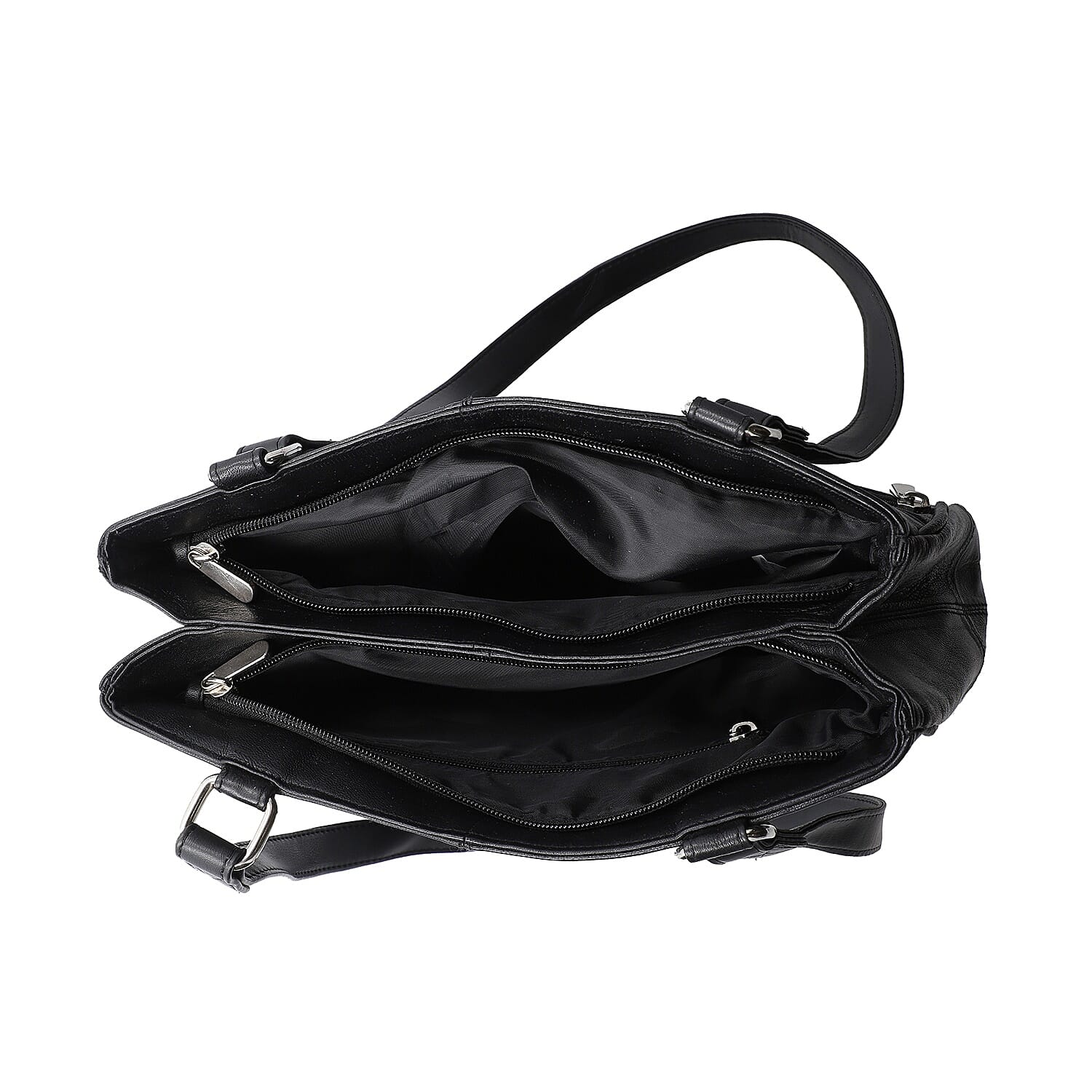 New Age - 100% Genuine Leather Shoulder Bag with Multiple Zipped Pockets (Size 32x25x10cm) - Black