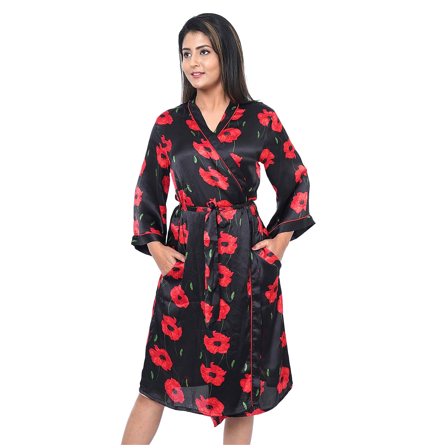 Poppy Floral Printed Satin Robe with Bell Sleeve - Black