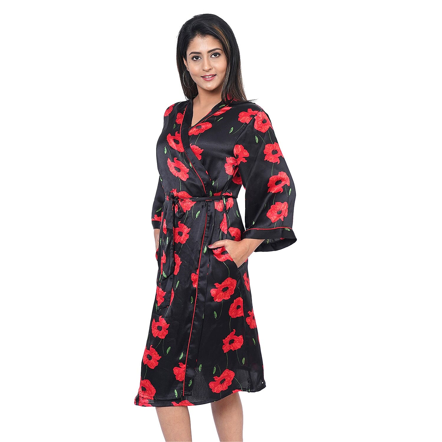 Poppy Floral Printed Satin Robe with Bell Sleeve - Black