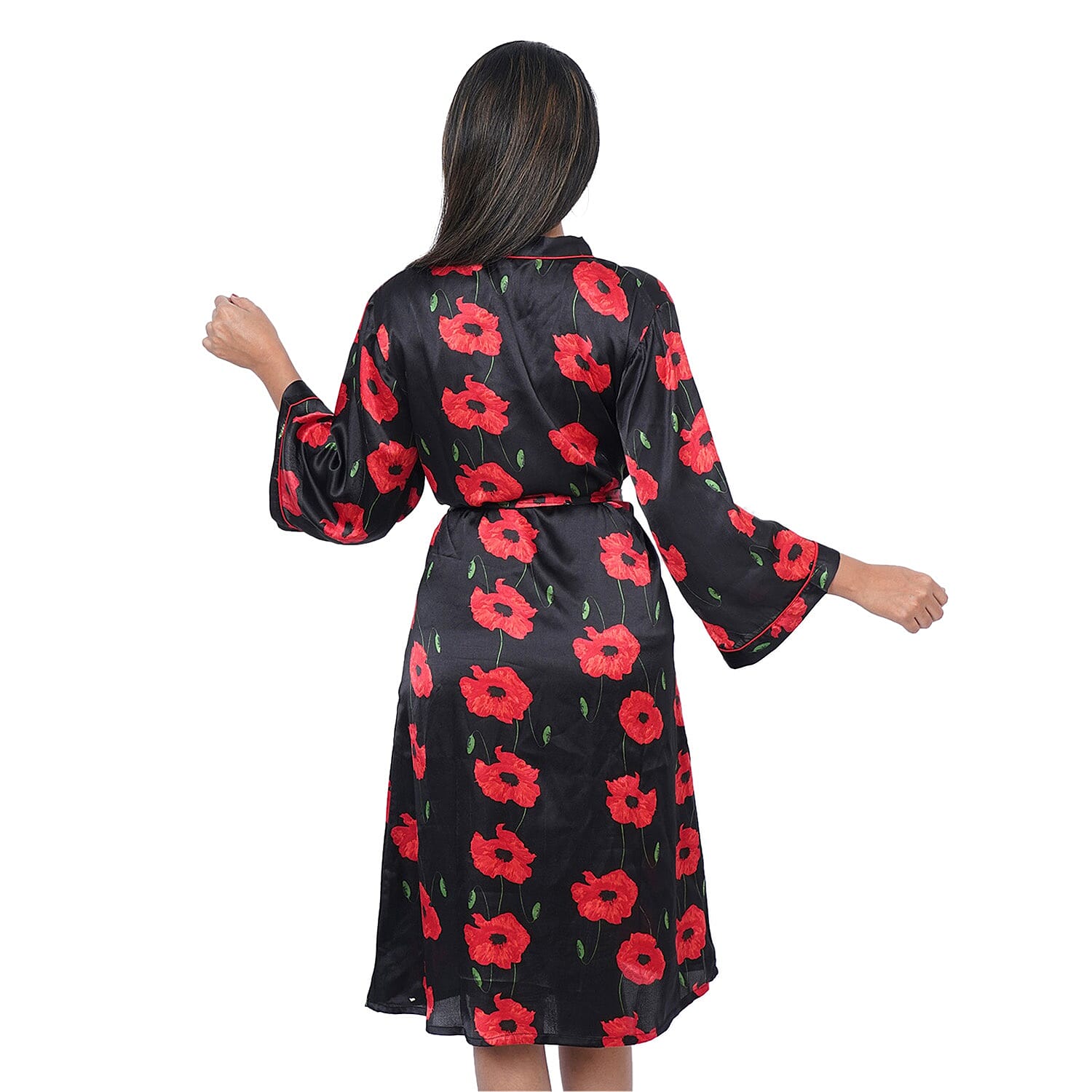 Poppy Floral Printed Satin Robe with Bell Sleeve - Black