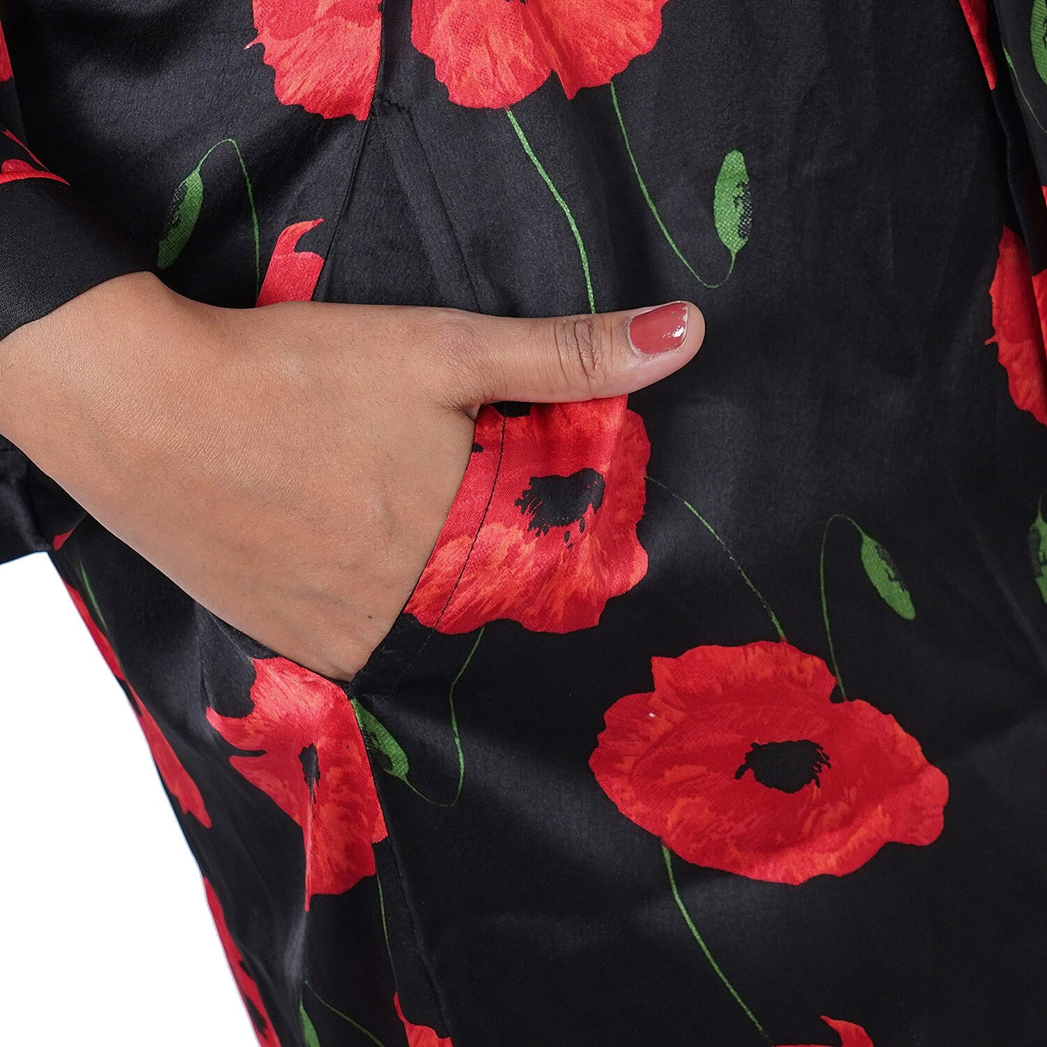 Poppy Floral Printed Satin Robe with Bell Sleeve - Black