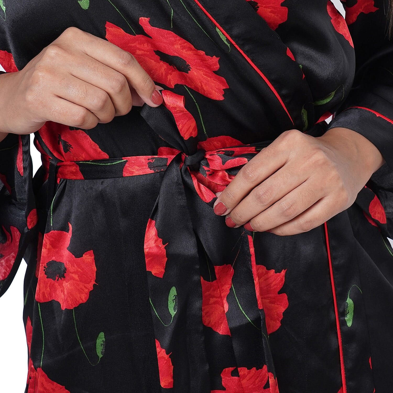 Poppy Floral Printed Satin Robe with Bell Sleeve - Black