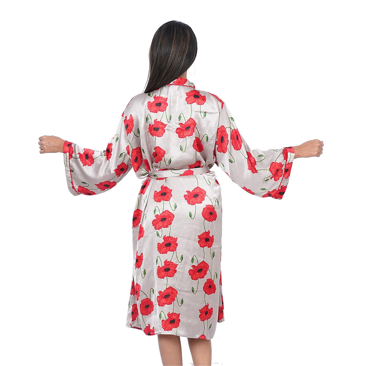 Poppy Floral Printed Satin Robe with Bell Sleeve - Grey