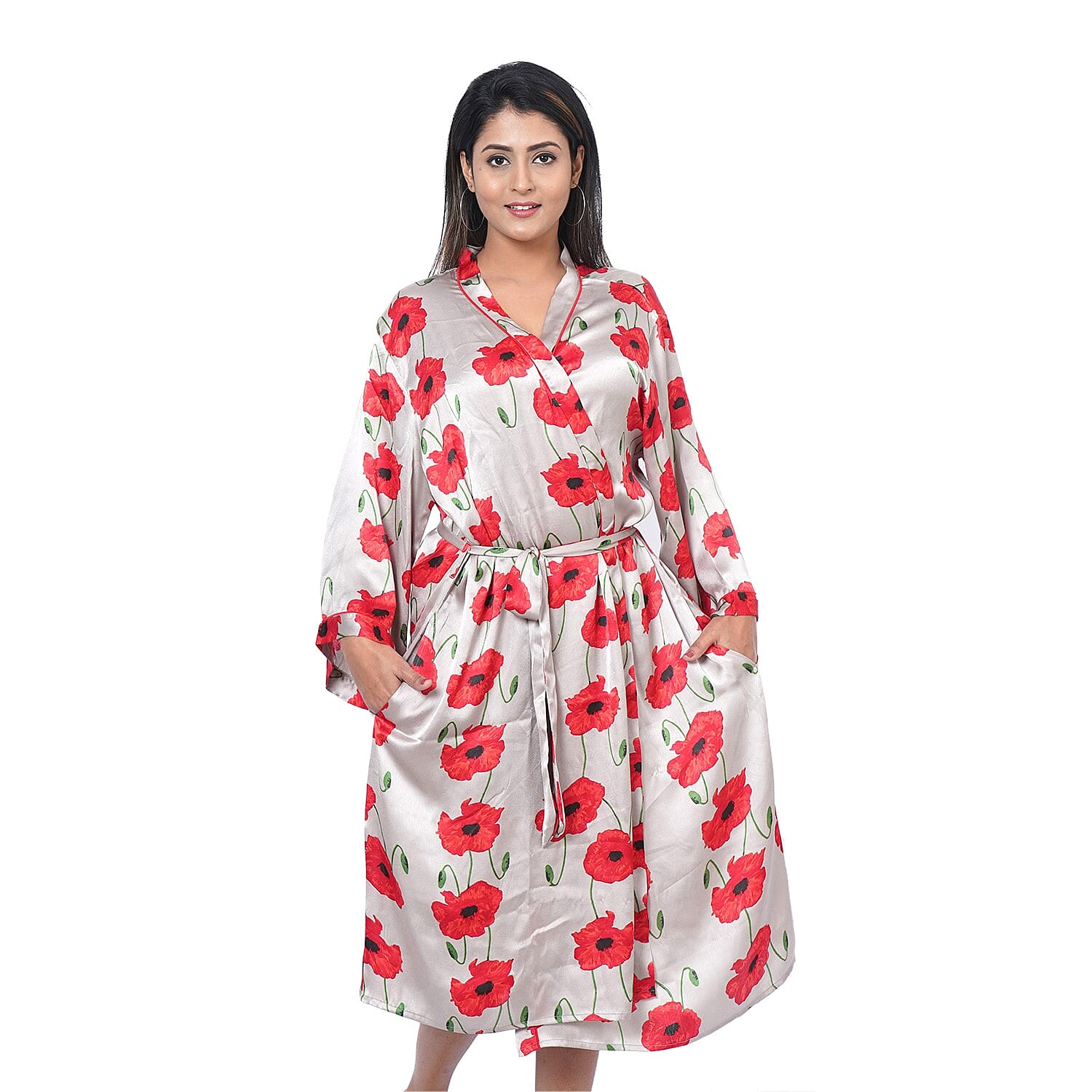 Floral Printed Satin Robe with Bell Sleeve (Size M  12-14 , Length: 110cm) - Grey