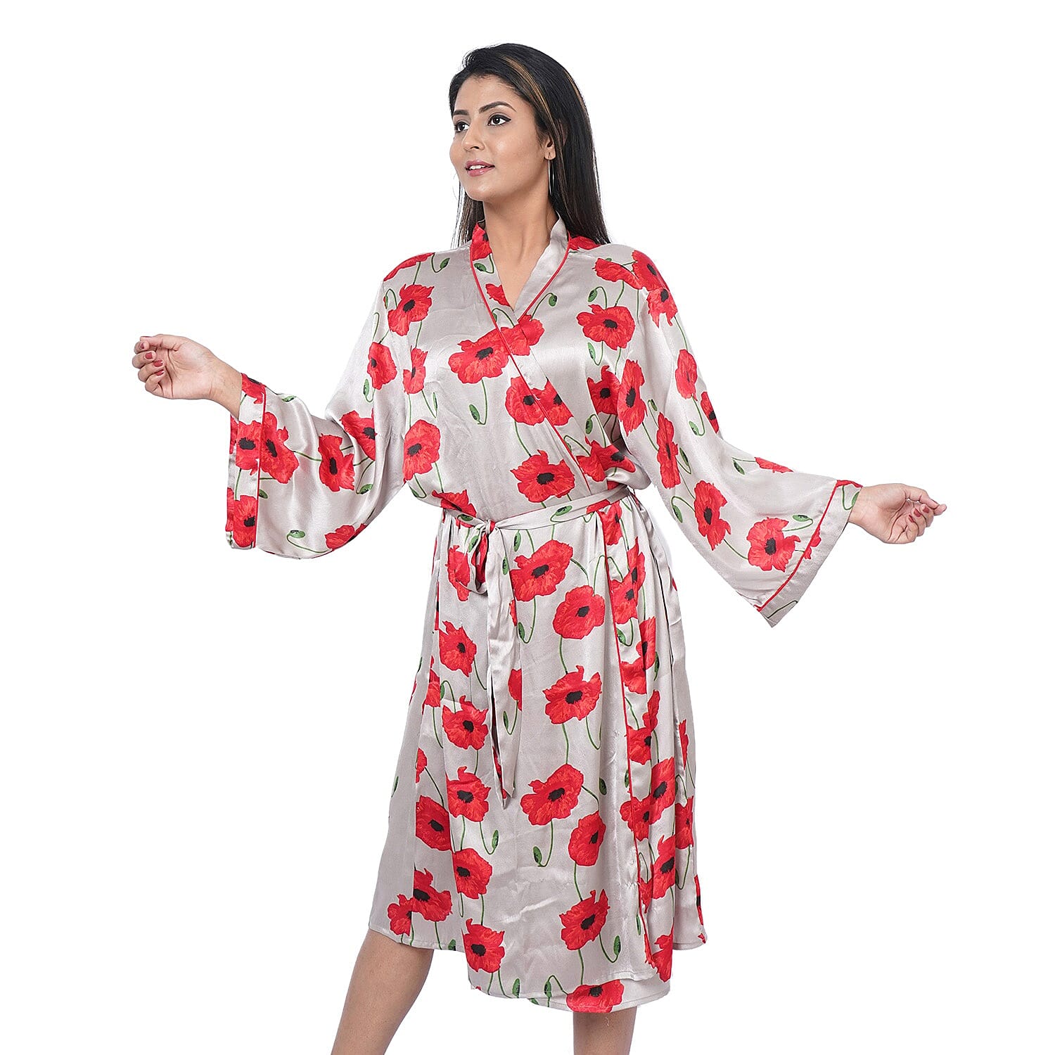 Floral Printed Satin Robe with Bell Sleeve (Size M  12-14 , Length: 110cm) - Grey