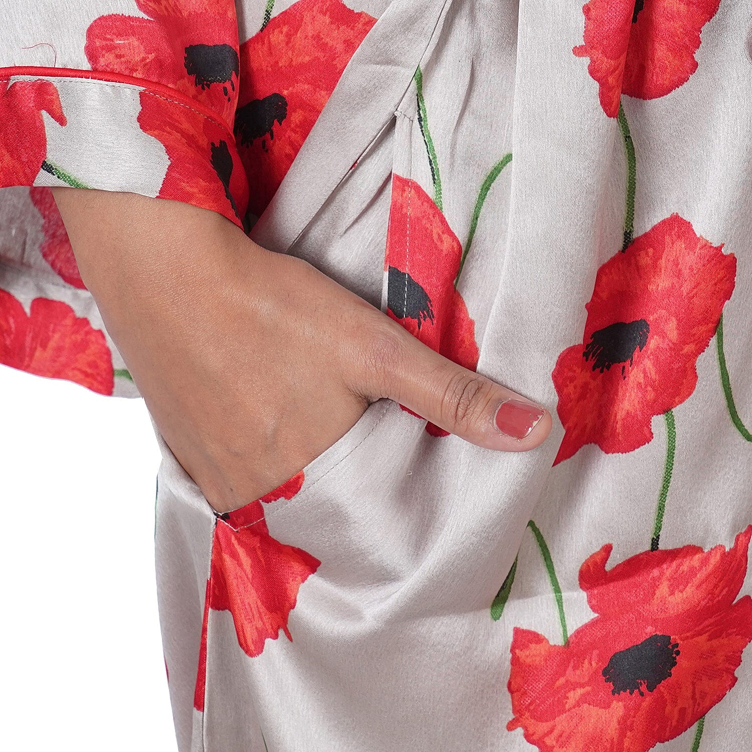 Floral Printed Satin Robe with Bell Sleeve (Size M  12-14 , Length: 110cm) - Grey