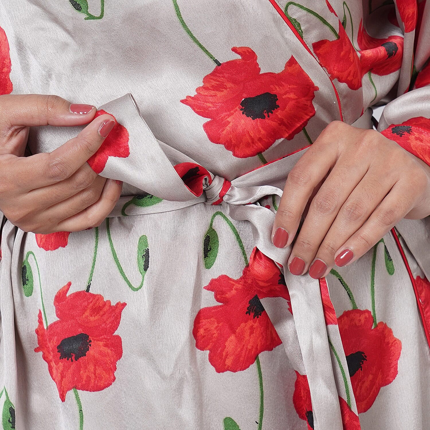 Floral Printed Satin Robe with Bell Sleeve (Size M  12-14 , Length: 110cm) - Grey