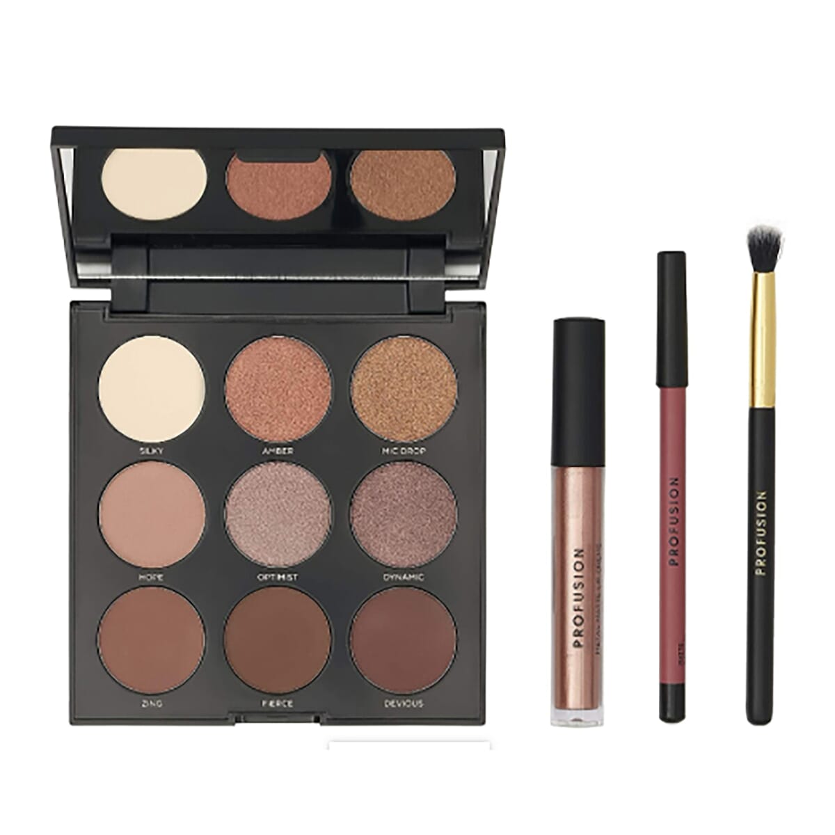 Profusion Cosmetics: Mixed Metals Eyes & Lips (Incl. 9 Eyeshadow Palette, Matte Lip Liner, Lip Creme & Blending Eyeshadow Brush) - Nude