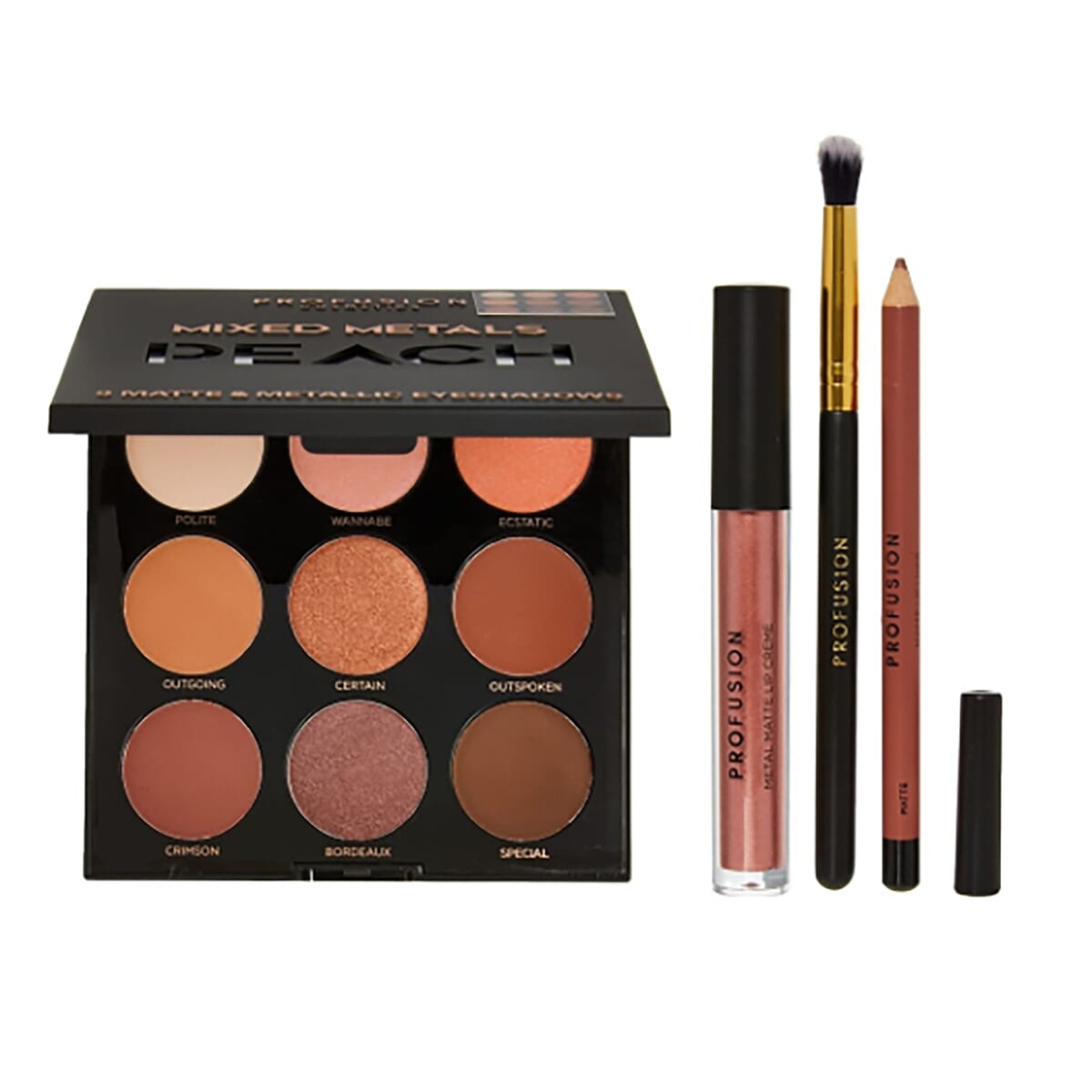 Profusion Cosmetics: Mixed Metals Eyes & Lips (Incl. 9 Eyeshadow Palette, Matte Lip Liner, Lip Creme & Blending Eyeshadow Brush) - Peach