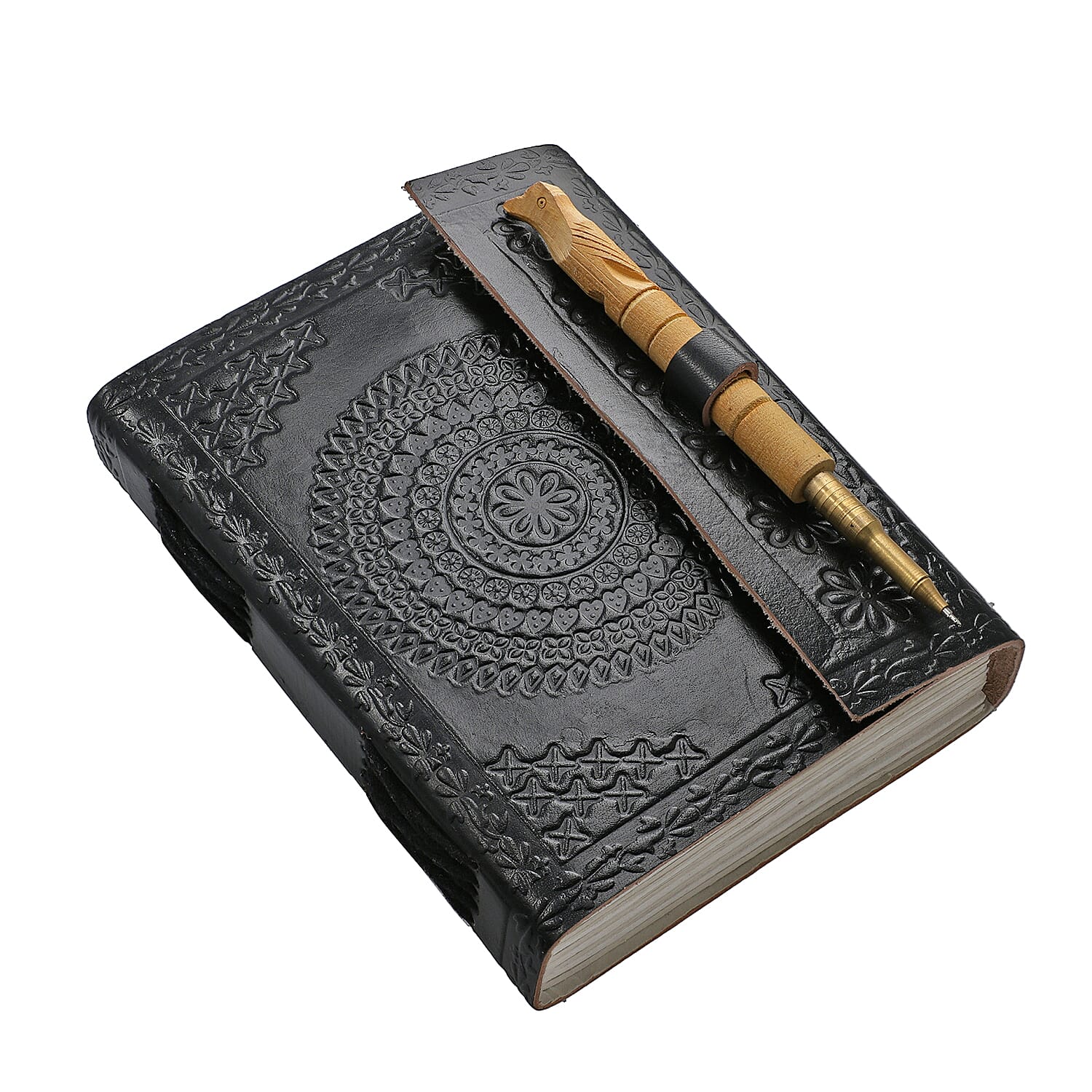 Handmade Paper Notebook with Floral Embossed Genuine Leather Cover and Wooden Pen - Black