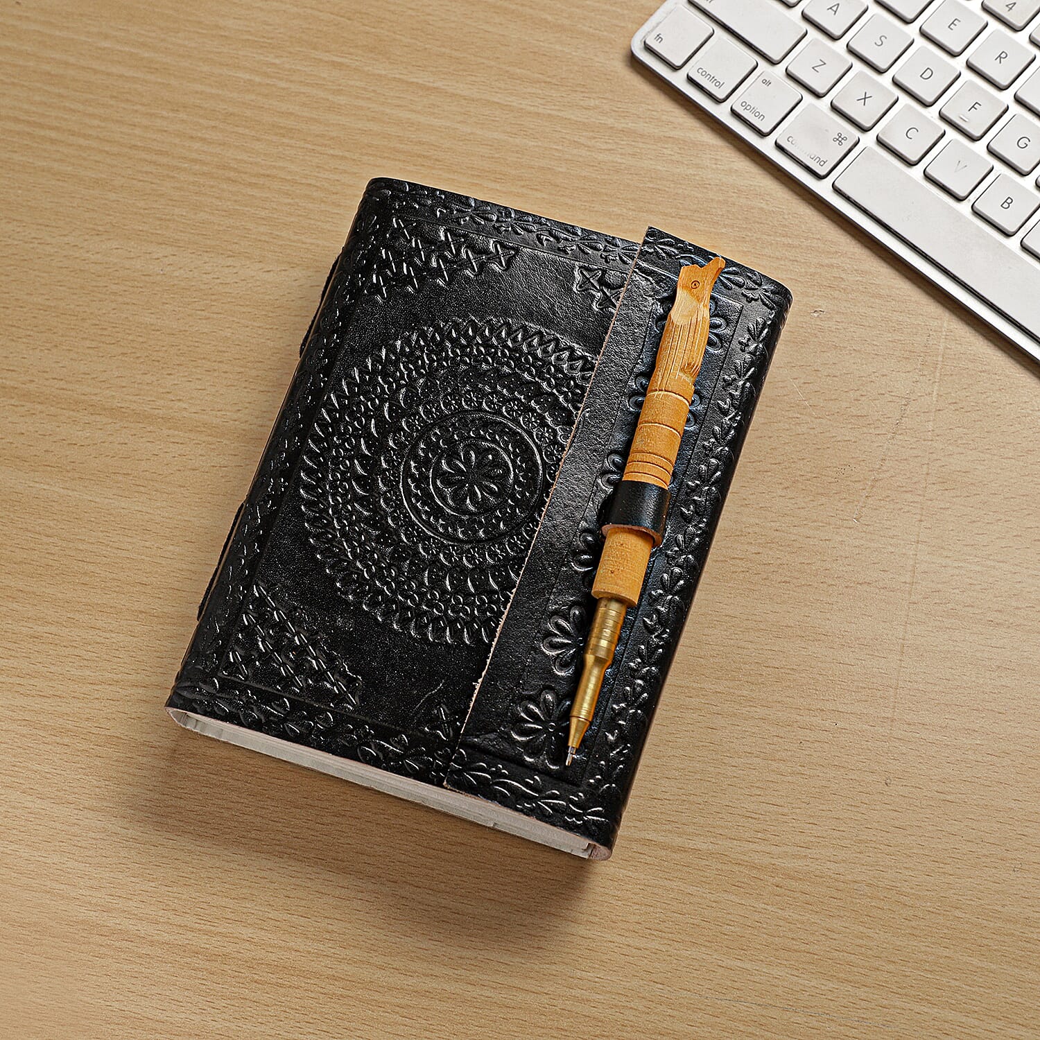 Handmade Paper Notebook with Floral Embossed Genuine Leather Cover and Wooden Pen - Black