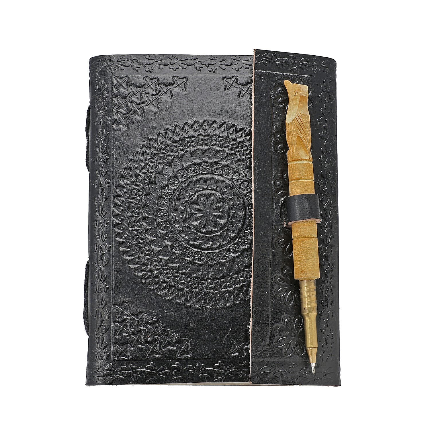 Handmade Paper Notebook with Floral Embossed Genuine Leather Cover and Wooden Pen - Black