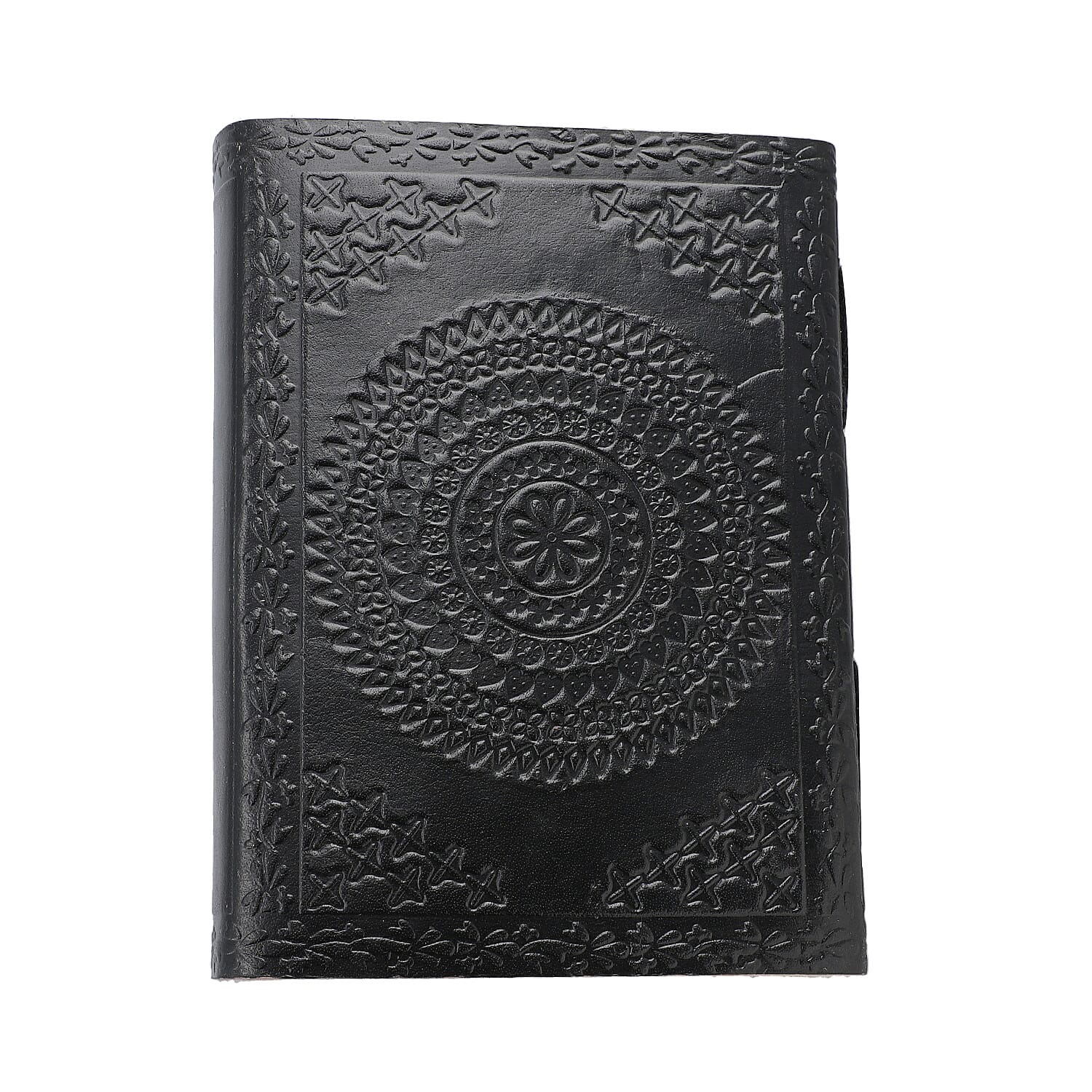 Handmade Paper Notebook with Floral Embossed Genuine Leather Cover and Wooden Pen - Black