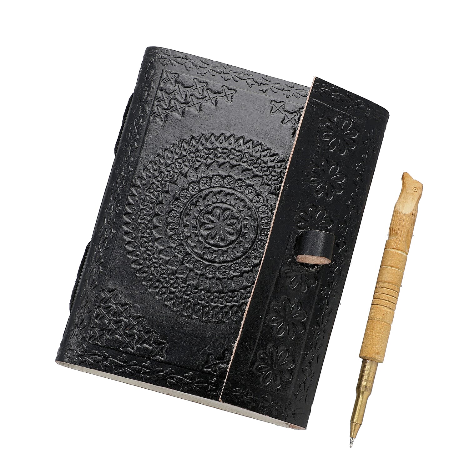 Handmade Paper Notebook with Floral Embossed Genuine Leather Cover and Wooden Pen - Black