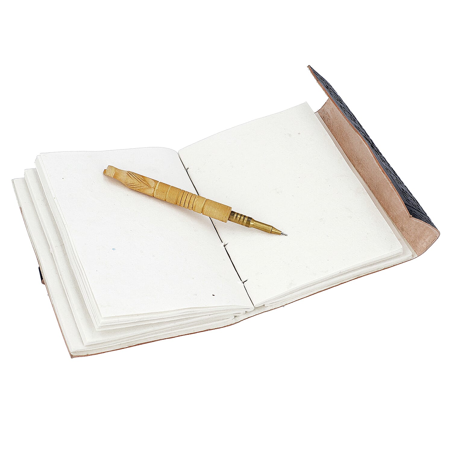 Handmade Paper Notebook with Floral Embossed Genuine Leather Cover and Wooden Pen - Black