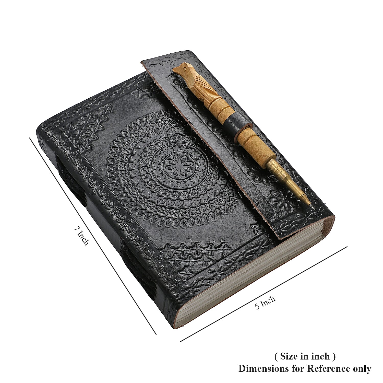 Handmade Paper Notebook with Floral Embossed Genuine Leather Cover and Wooden Pen - Black