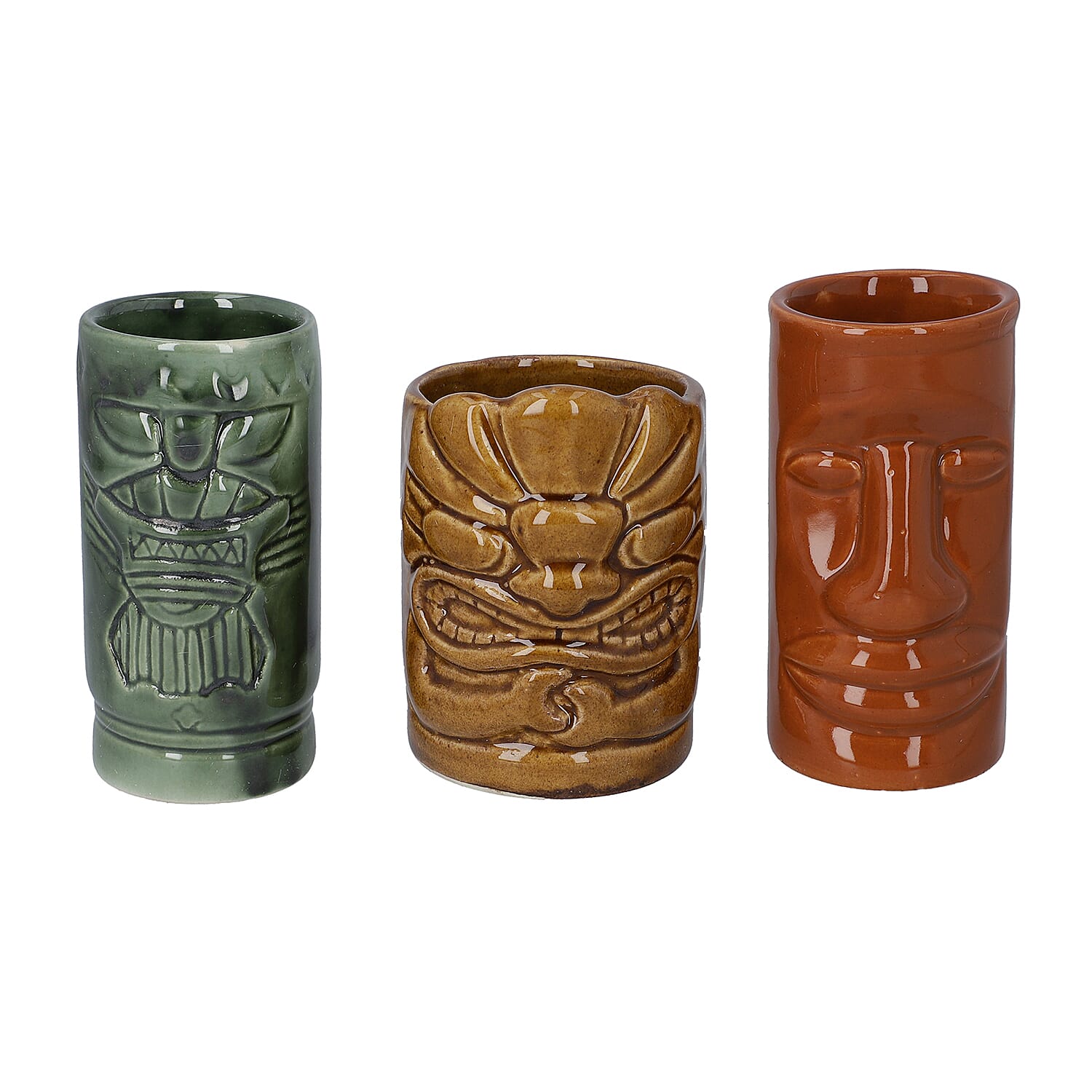 3 Piece Set - Ceramic Tiki Mug - Grey, Light and Dark Brown