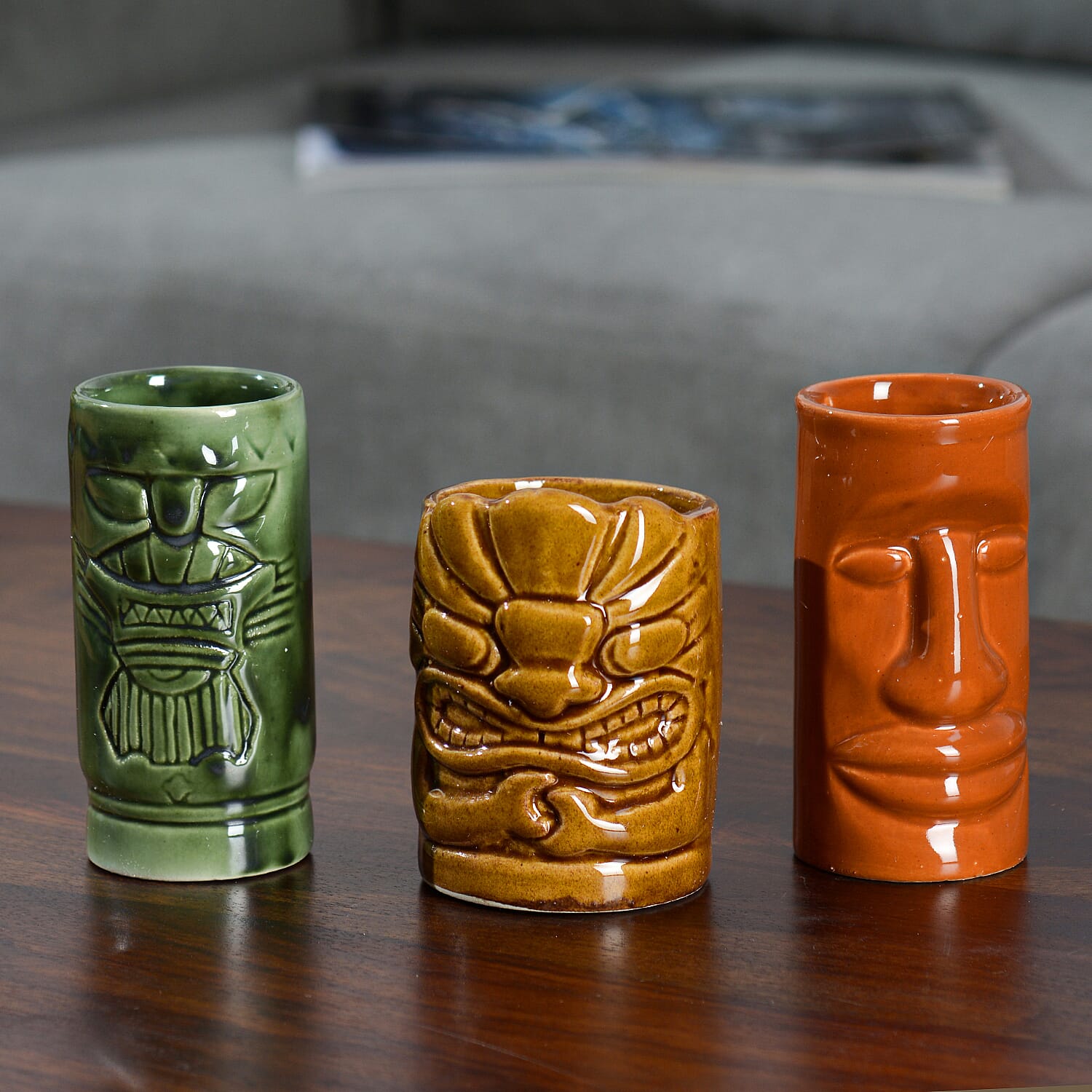 3 Piece Set - Ceramic Tiki Mug - Grey, Light and Dark Brown