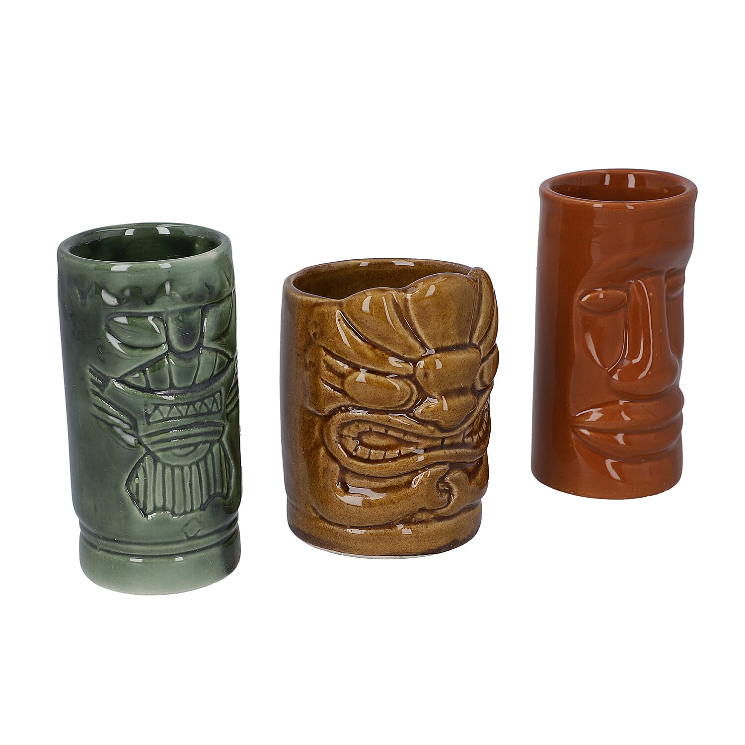 3 Piece Set - Ceramic Tiki Mug - Grey, Light and Dark Brown