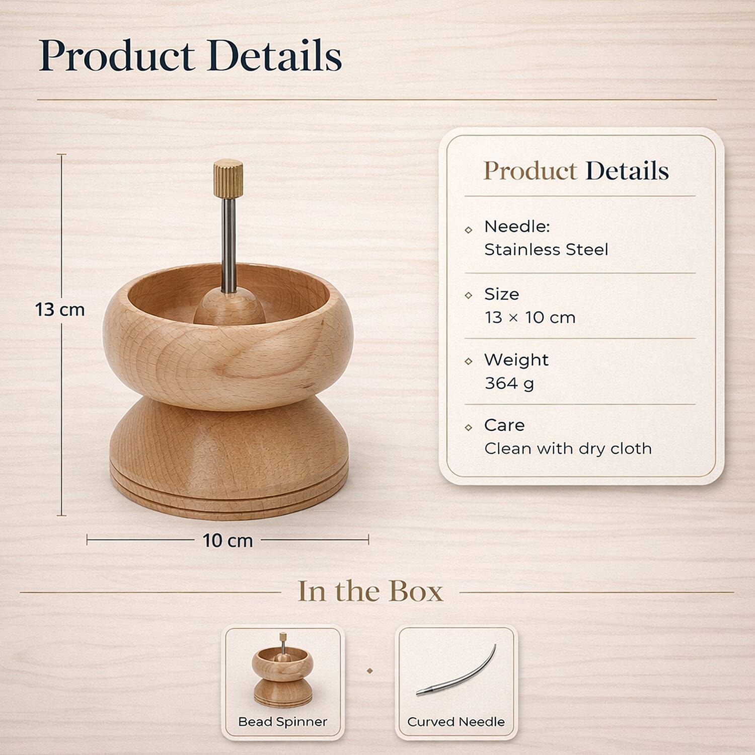 Pine Wooden Gem Workshop Bead Spinner with Stainless steel Curved Needle (Size 13x11 cm)