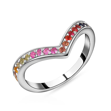 RACHEL GALLEY Enkai Gemstone Collection - Rainbow Sapphire Wishbone Ring in Rhodium Overlay Sterling Silver
