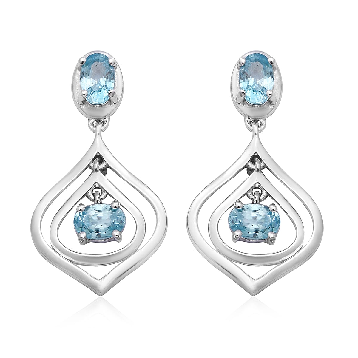 Ratanakiri Blue Zircon Dangle Earrings in Rhodium Overlay Sterling Silver 2.88 Ct