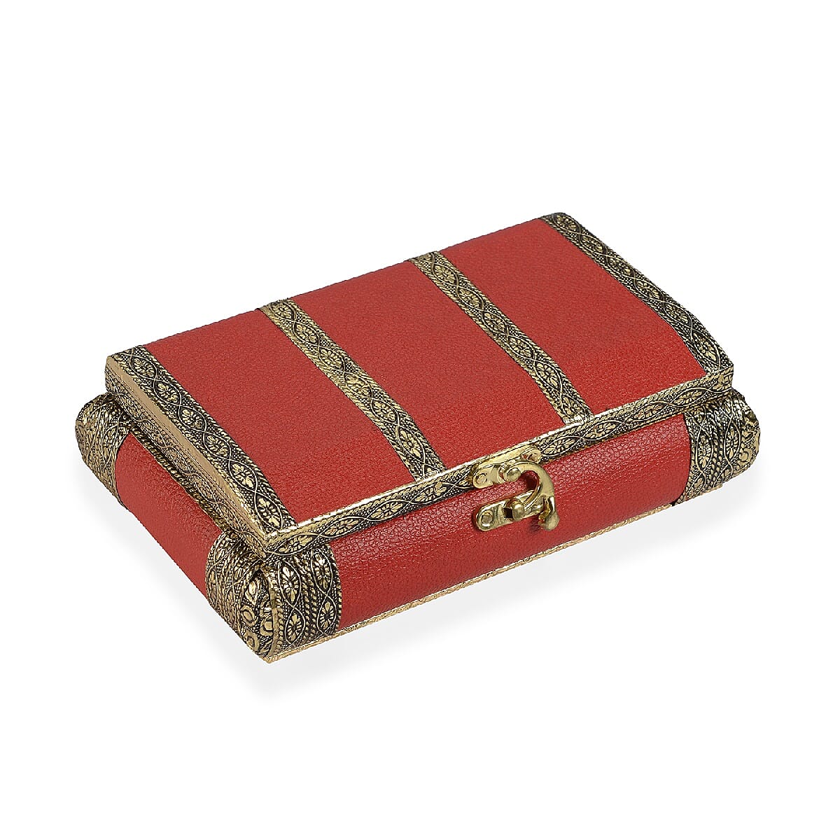 Handcrafted Red Colour Eco Leatherette, Floral Engraved Aluminum Jewelry Box (Size 18x12x6cm)