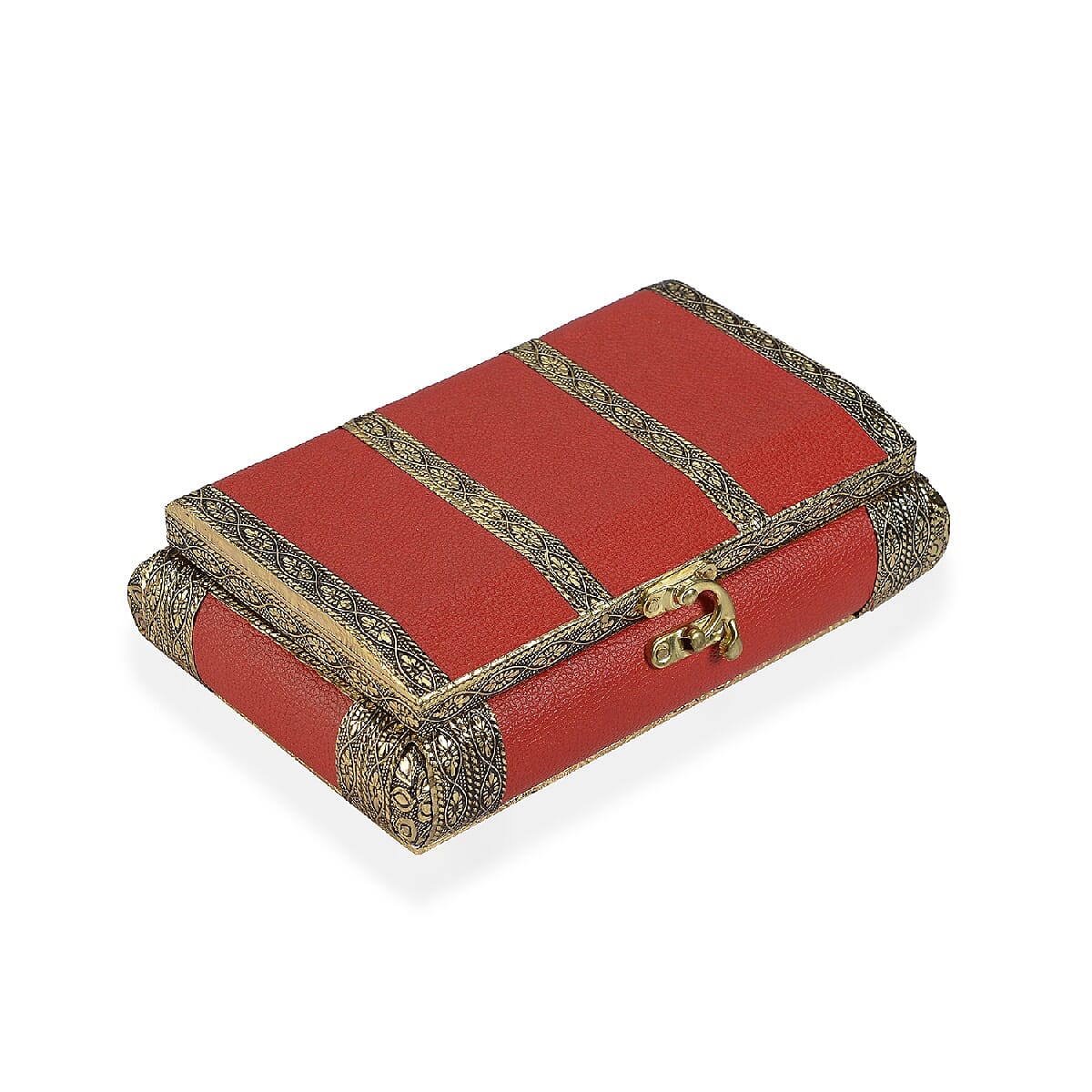 Handcrafted Red Colour Eco Leatherette, Floral Engraved Aluminum Jewelry Box (Size 18x12x6cm)
