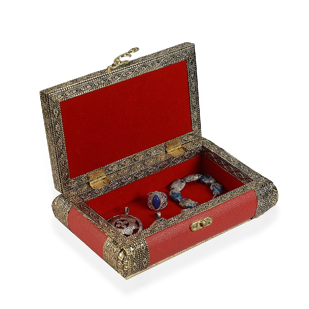 Handcrafted Red Colour Eco Leatherette, Floral Engraved Aluminum Jewelry Box (Size 18x12x6cm)