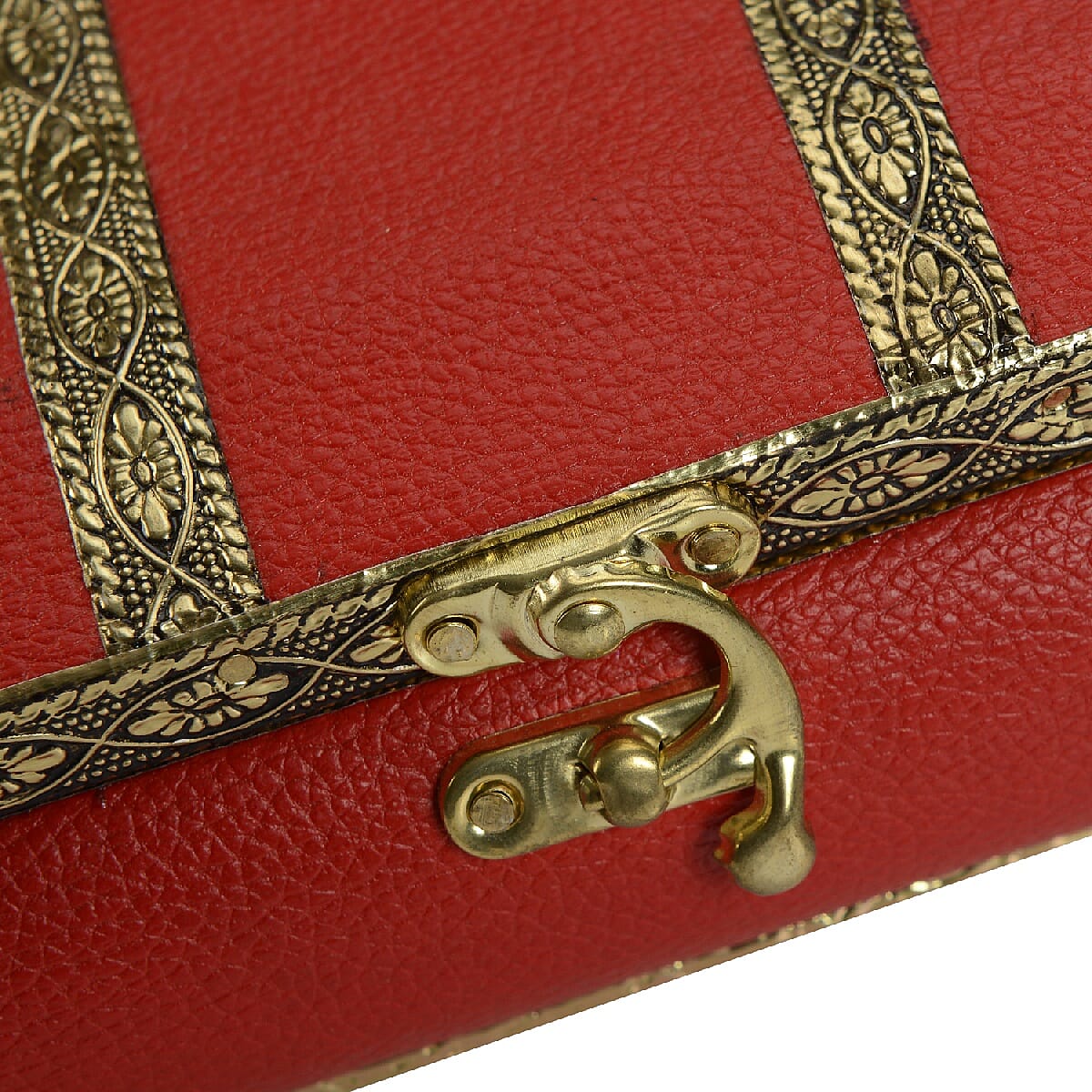 Handcrafted Red Colour Eco Leatherette, Floral Engraved Aluminum Jewelry Box (Size 18x12x6cm)