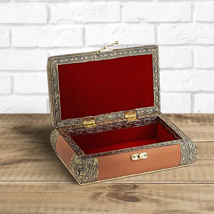 Handcrafted Camel Colour Eco Leatherette, Floral Engraved Aluminum Jewelry Box (Size 20x12x6cm)