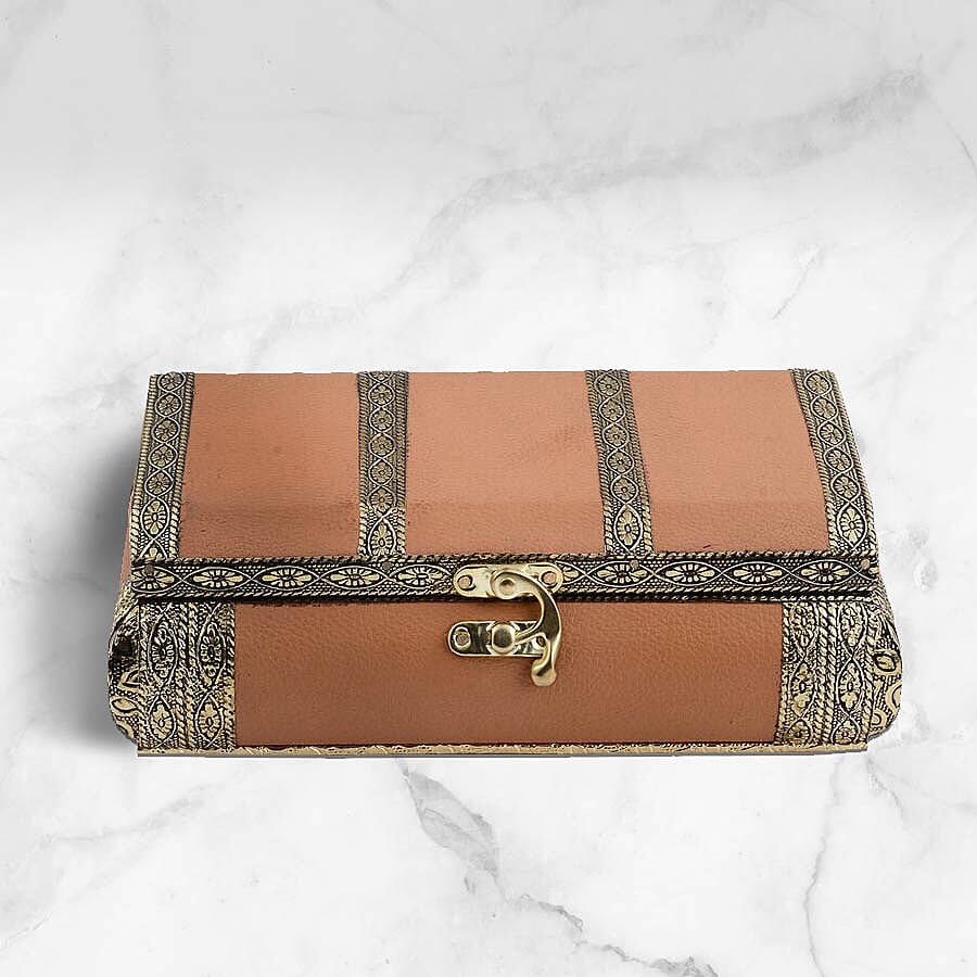 Handcrafted Camel Colour Eco Leatherette, Floral Engraved Aluminum Jewelry Box (Size 20x12x6cm)