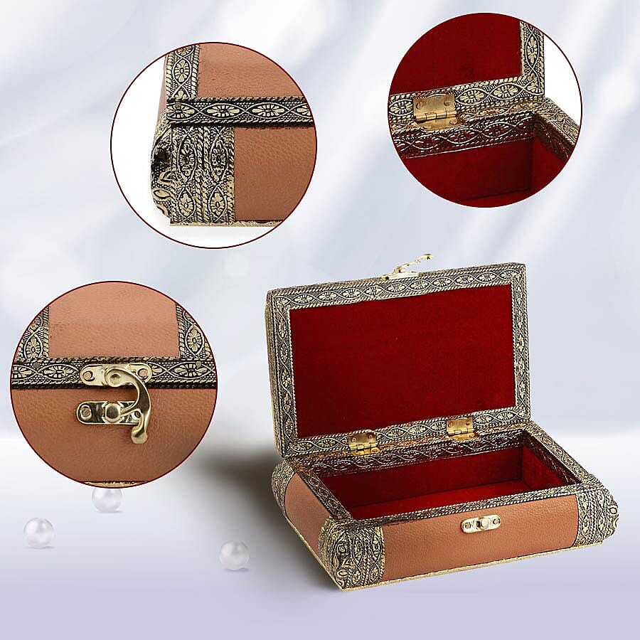 Handcrafted Camel Colour Eco Leatherette, Floral Engraved Aluminum Jewelry Box (Size 20x12x6cm)