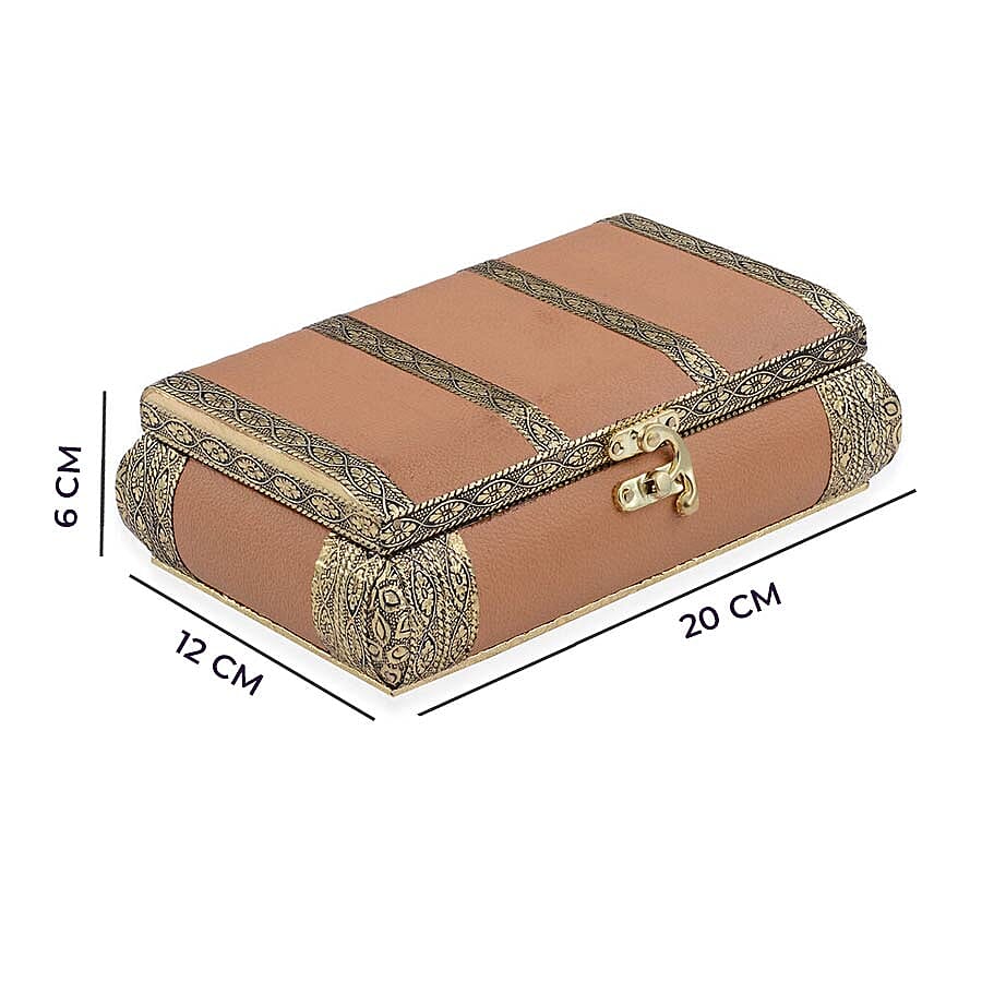 Handcrafted Camel Colour Eco Leatherette, Floral Engraved Aluminum Jewelry Box (Size 20x12x6cm)